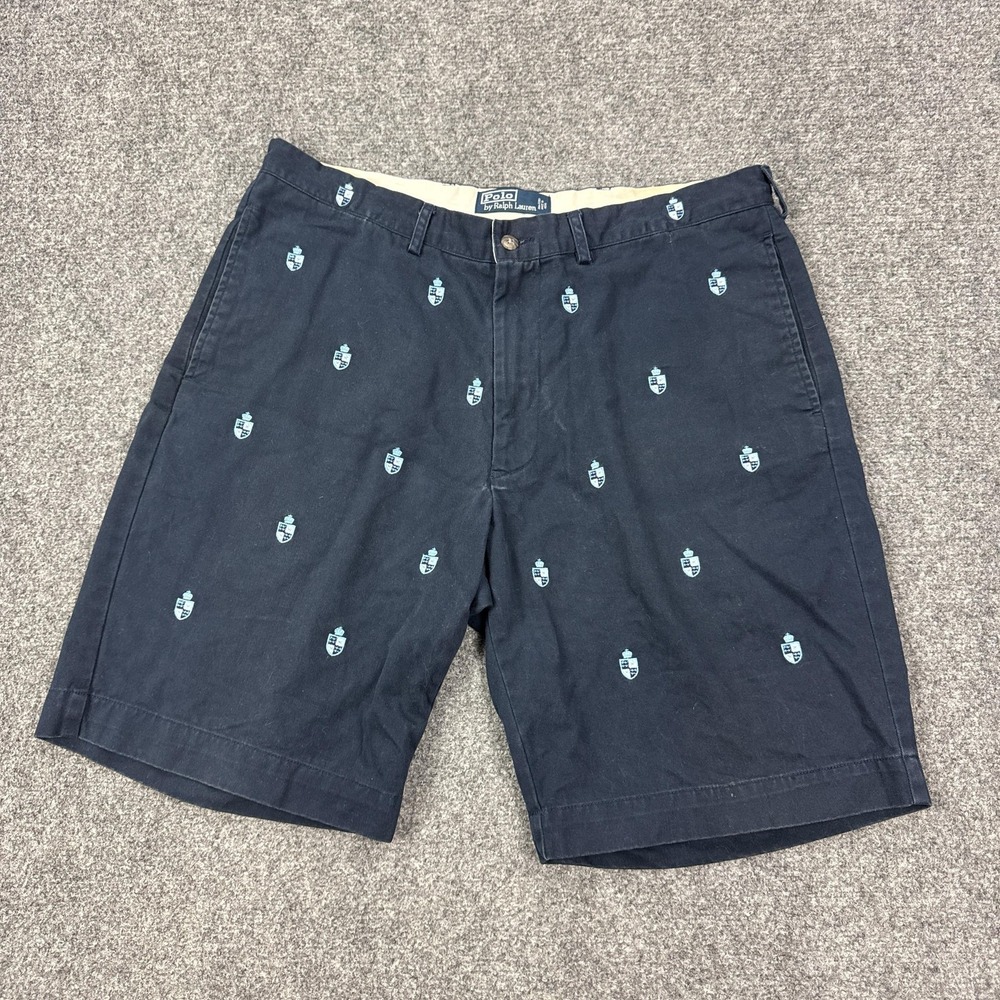 Vintage Polo Ralph Lauren Shorts Mens 35 Blue Crest‎ Embroidered Chino 9 Inseam